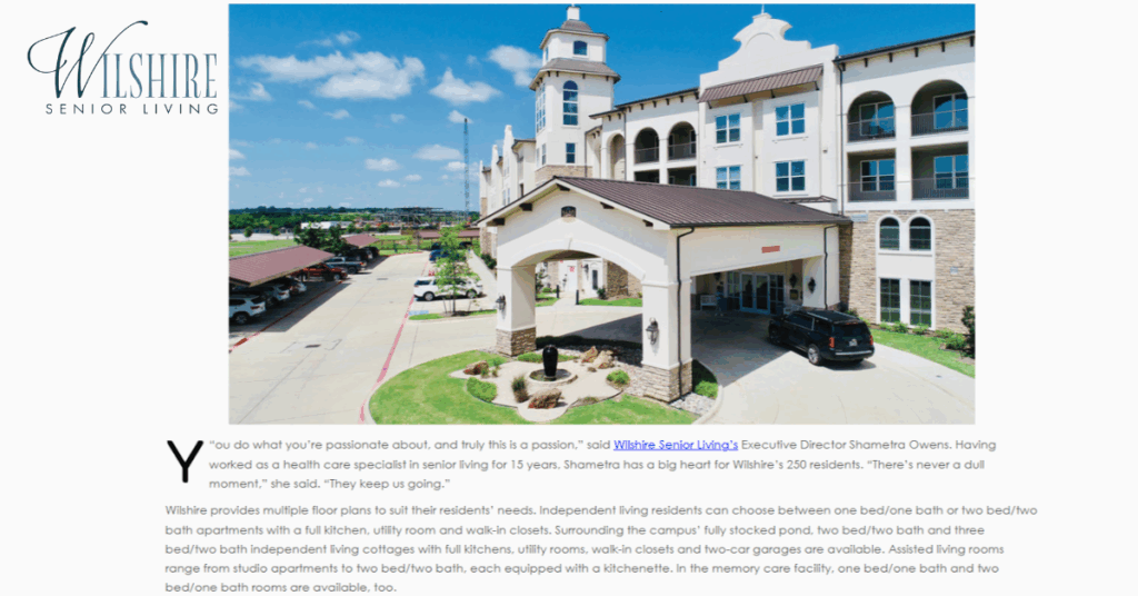 Wilshire Senior Living was featured in Now Magazine. A screenshot from the article